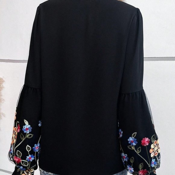 Black Preppy Womens Floral Slleeve Print Lantern Sleeve Tie Neck Blouse - Picture 2 of 6